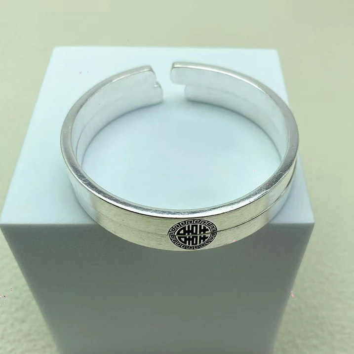 足银手镯 足银999.9喜上加喜情侣对镯百搭手镯简约开口古风男女镯