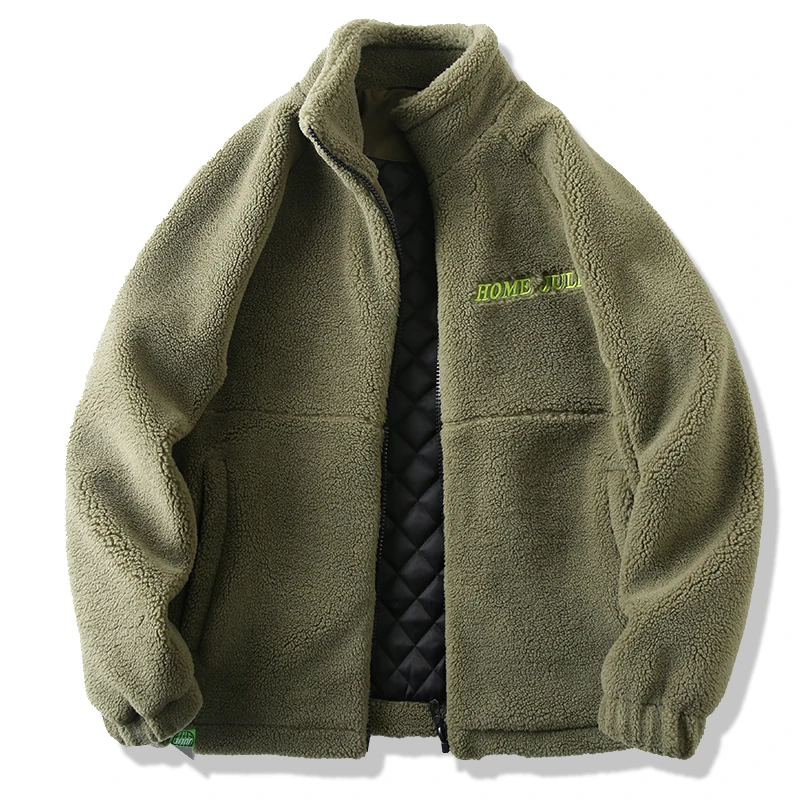 秋冬休闲摇粒绒加绒加绒外套男女同款潮牌印花宽松立领夹克外套