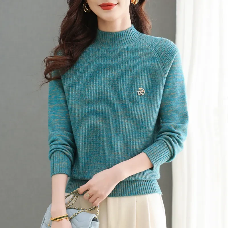 秋冬新款韩版加厚百搭宽松半高领针织女士保暖时尚长袖衫