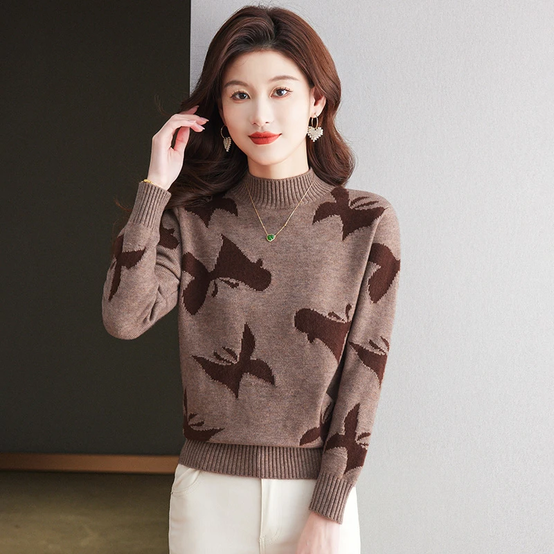 2024冬季新款时尚花色宽松百搭洋气高档加厚保暖长袖针织衫9345