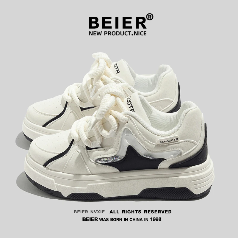 BEIER运动休闲小白鞋女2024新款百搭小众厚底学生低帮板鞋潮B1005