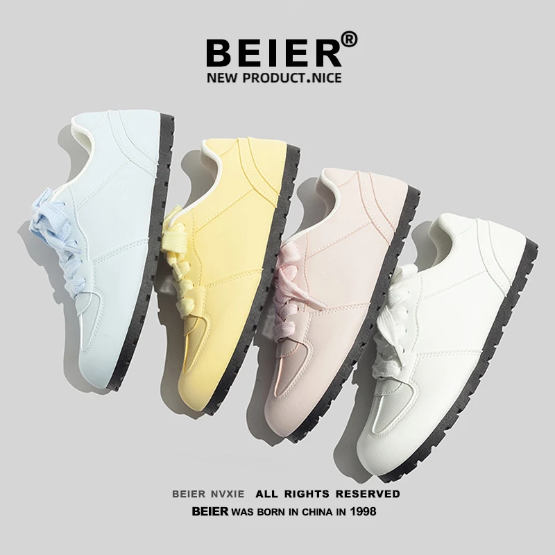 BEIER厚底小白鞋2024夏秋新款皮面百搭系带ins软底圆头德训鞋3507