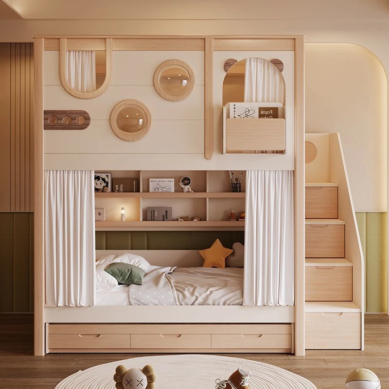 北欧上下铺双层床加高护栏子母床小户型高低床儿童房太空舱上下床