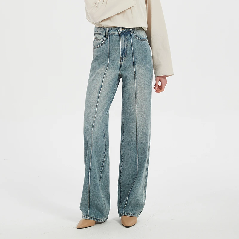 Petit Bari 复古水洗中缝线直筒牛仔长裤 百搭宽松显瘦设计感长裤