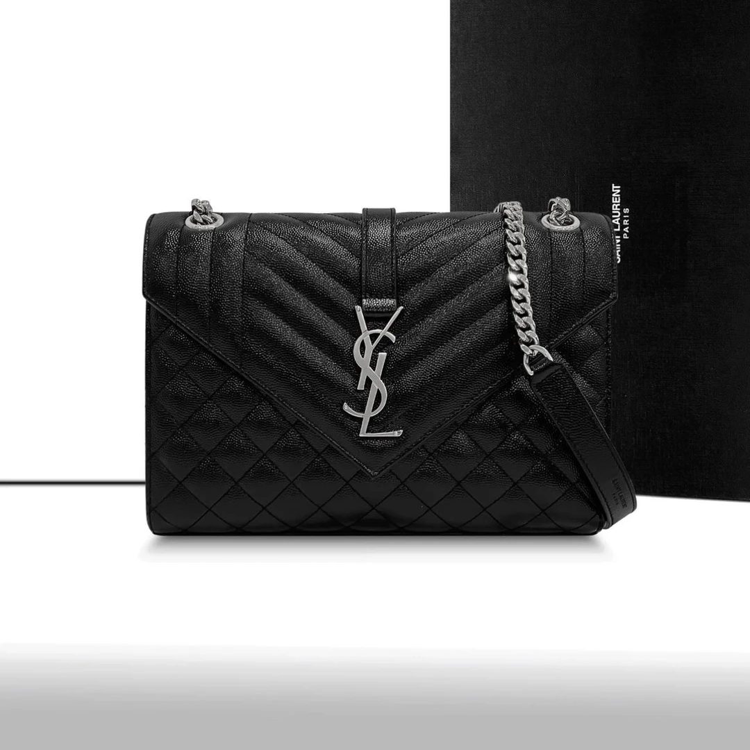 95新 YSL/圣罗兰 圣罗兰信封包黑银鱼子酱单肩包