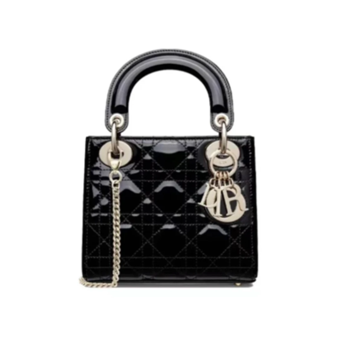 99新 DIOR/迪奥 新款三格戴妃黑金漆皮链条肩带手提包