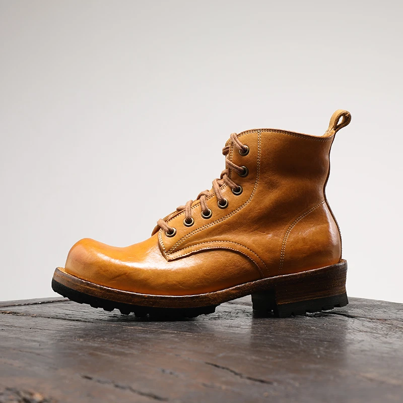复古四季商务水洗马皮系带厚底大头马丁靴休闲男靴增高帮大黄靴