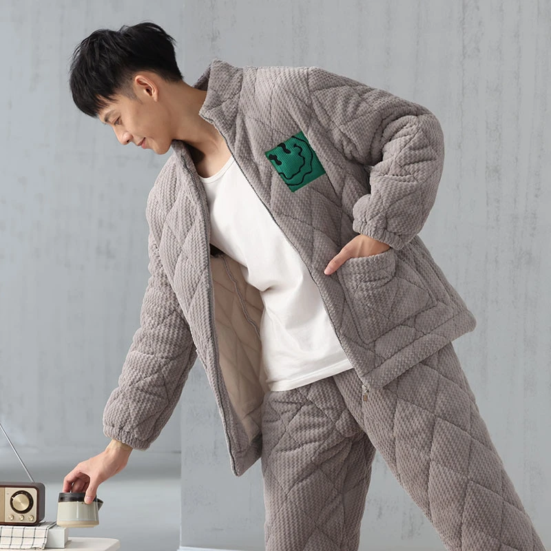 睡衣男冬季三层夹棉袄加绒加厚保暖珊瑚绒大码睡衣男款冬加绒加厚