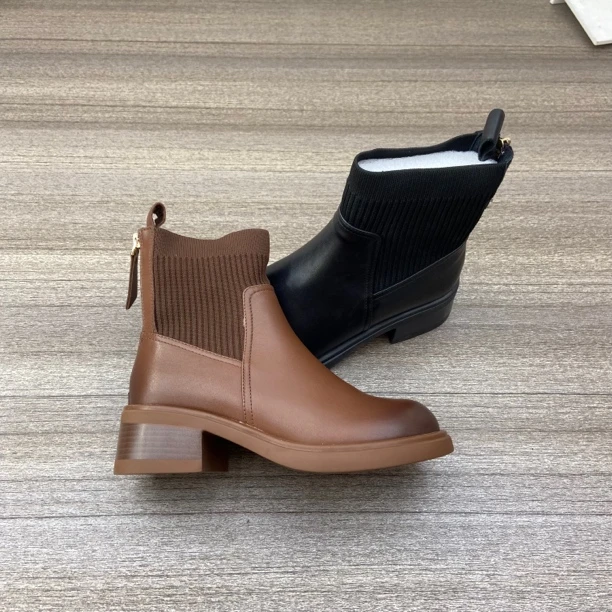 2023年款秋冬新款针织弹力袜靴女粗跟短筒马丁瘦瘦切尔西靴236-11