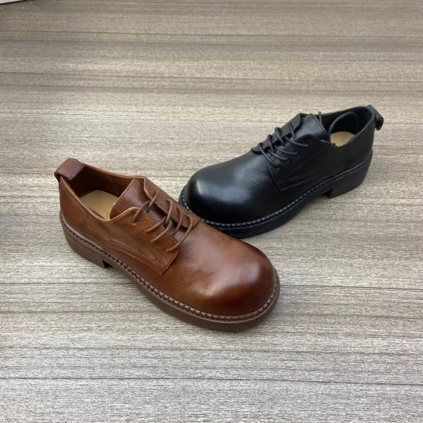 2024年秋季款女鞋做旧水洗系带圆头厚底德比鞋复古正装鞋1261