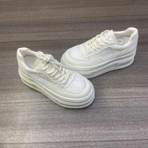 2024年春夏新款蕾丝网面透气休闲松糕厚底增高小白鞋女鞋 2330-16