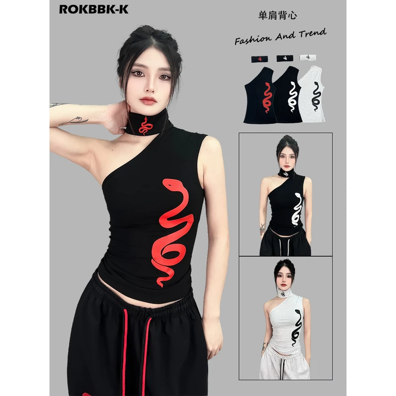ROKBBK-K/布韩街舞潮牌蛇印花单肩背心jazz爵士舞运动休闲女装潮