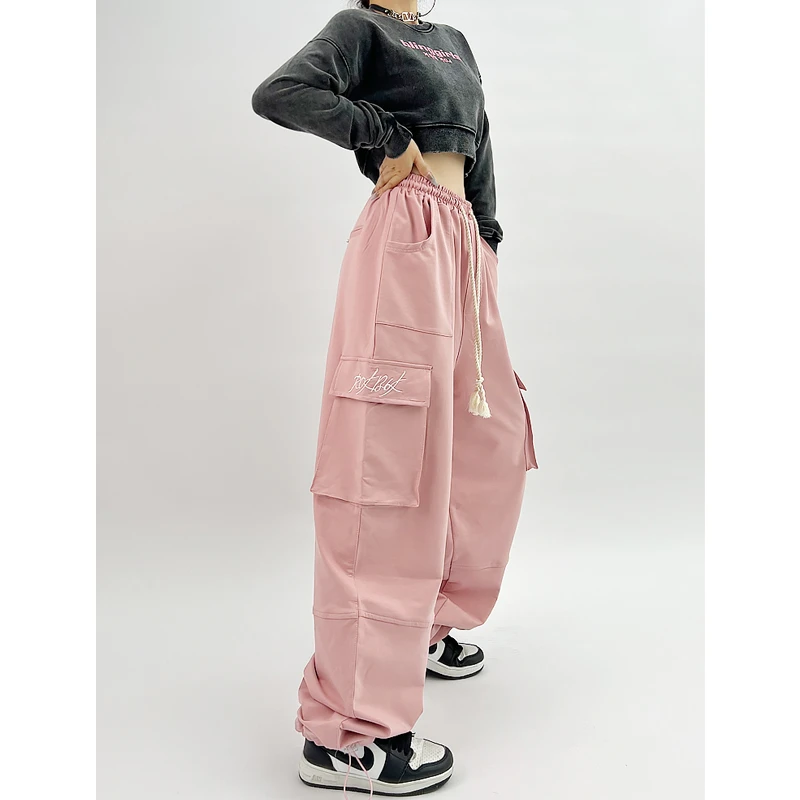 ROKBBK-K/布韩粉色运动工装裤街舞潮牌嘻哈美式刺绣长裤爵士舞