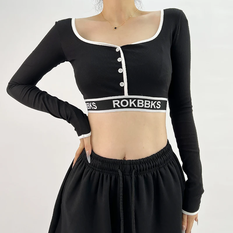 ROKBBK-K/布韩欧美ins提花松紧下摆撞色包边长袖T恤女复古方领辣