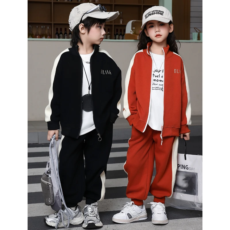 中大童春秋运动男女童时髦撞色款运动休闲洋气外套卫裤套装