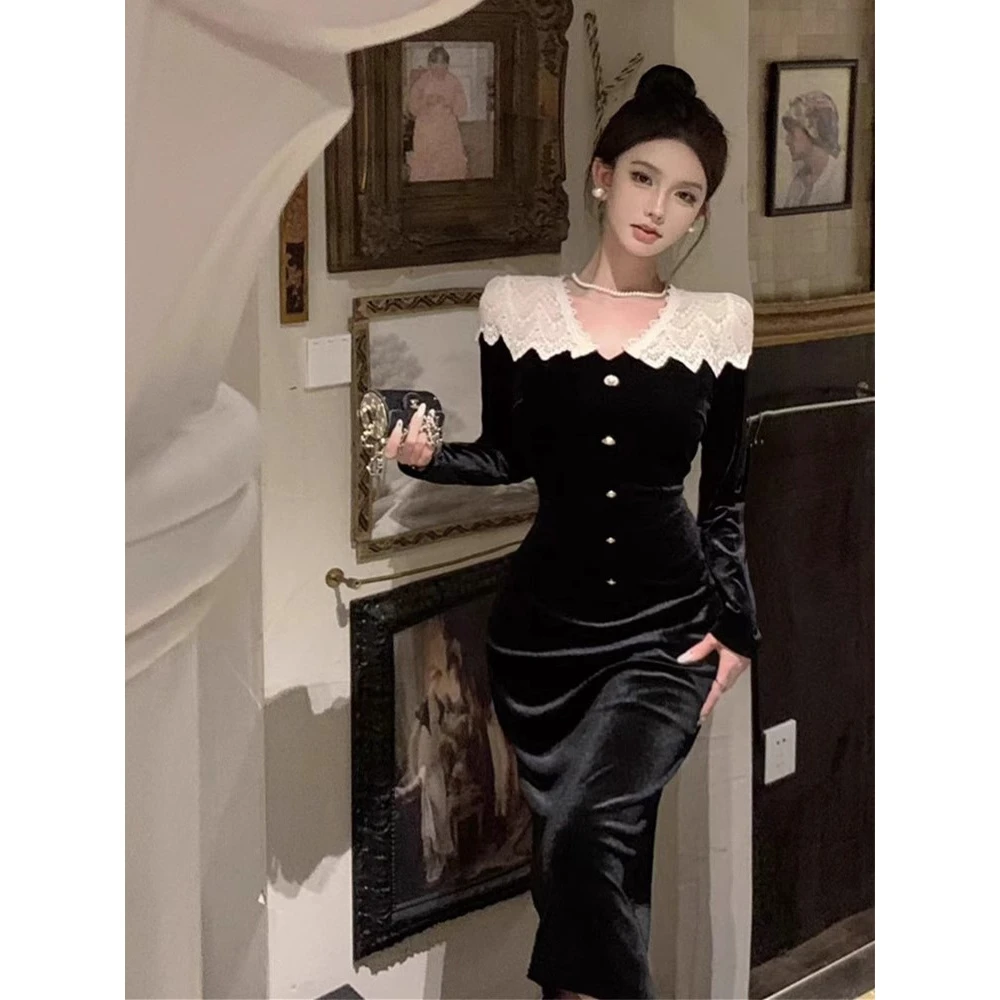 法式高级感蕾丝拼接丝绒连衣裙女秋冬名媛气质修身小礼服内搭长裙
