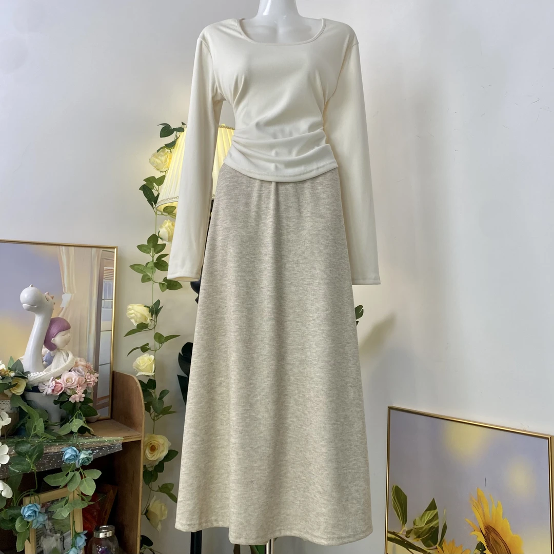 气质套装女秋冬新款圆领长袖上衣T恤+高腰半身长裙慵懒风两件套潮