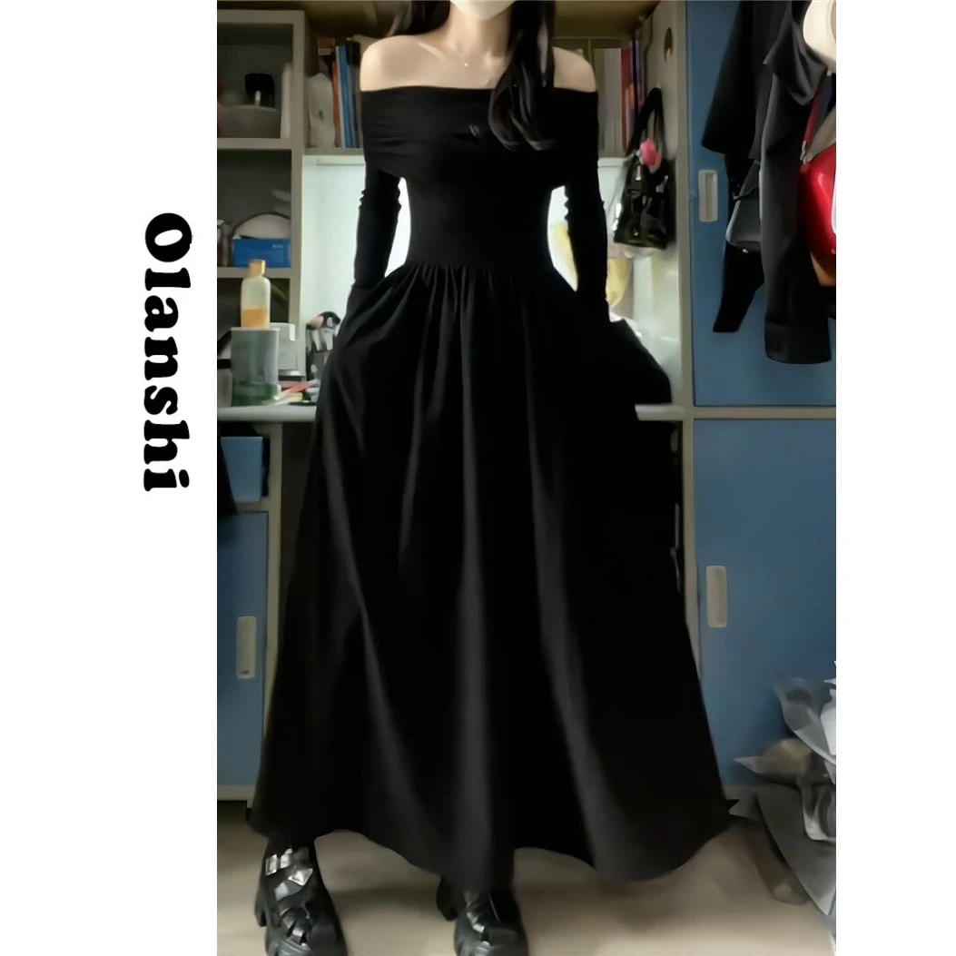 复古高级感长袖一字肩黑色连衣裙女法式2024秋冬新款收腰显瘦长裙