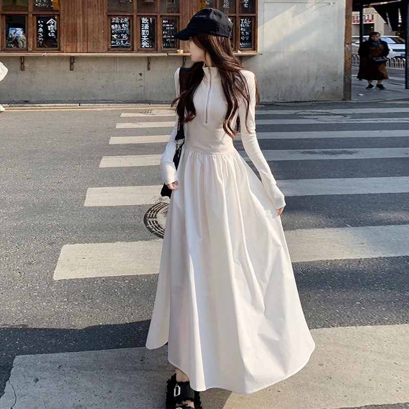 韩版Polo领轻熟风小众设计气质修身收腰白色连衣裙女2024秋冬季潮