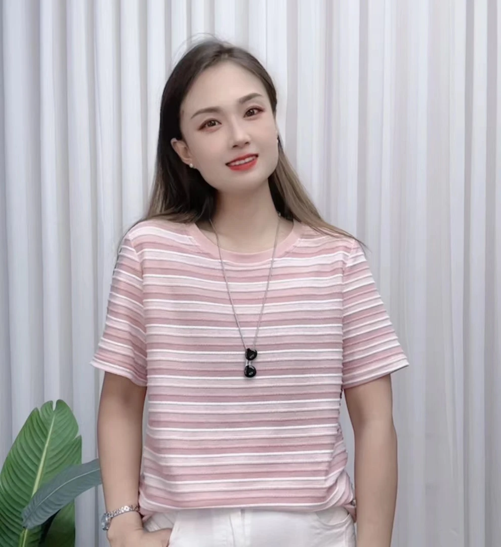 韩版夏日小清新3D立体纹理麻棉提花条纹短袖T恤女夏季新款上衣潮
