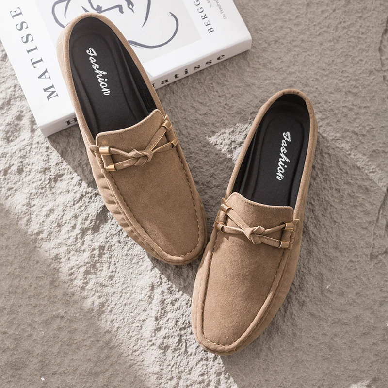 2025年新款男士休闲反绒豆豆鞋潮流一脚蹬皮鞋韩版软底软面懒人鞋