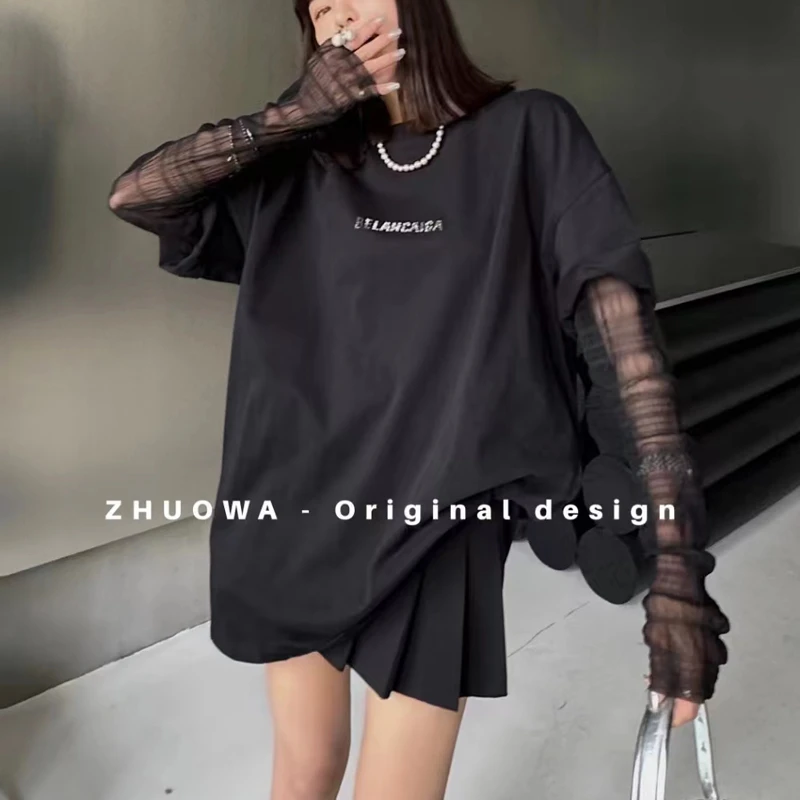2024钻字母假两件宽松中长款拼接网纱袖t恤女新款长袖春秋装
