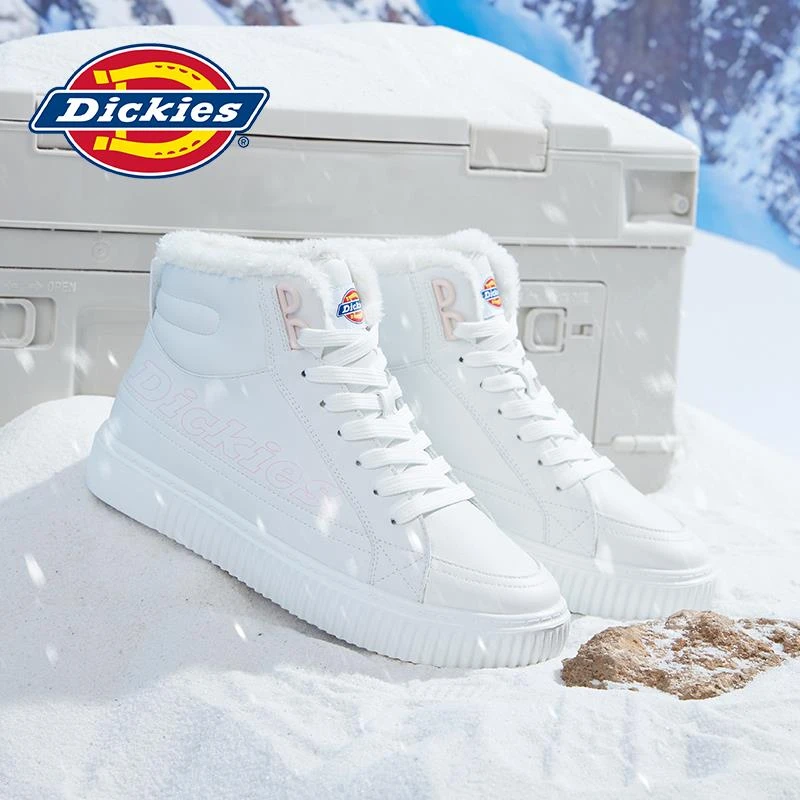 Dickies白色雪地靴女冬季2023新款加绒加厚高帮靴子棉鞋中筒棉靴