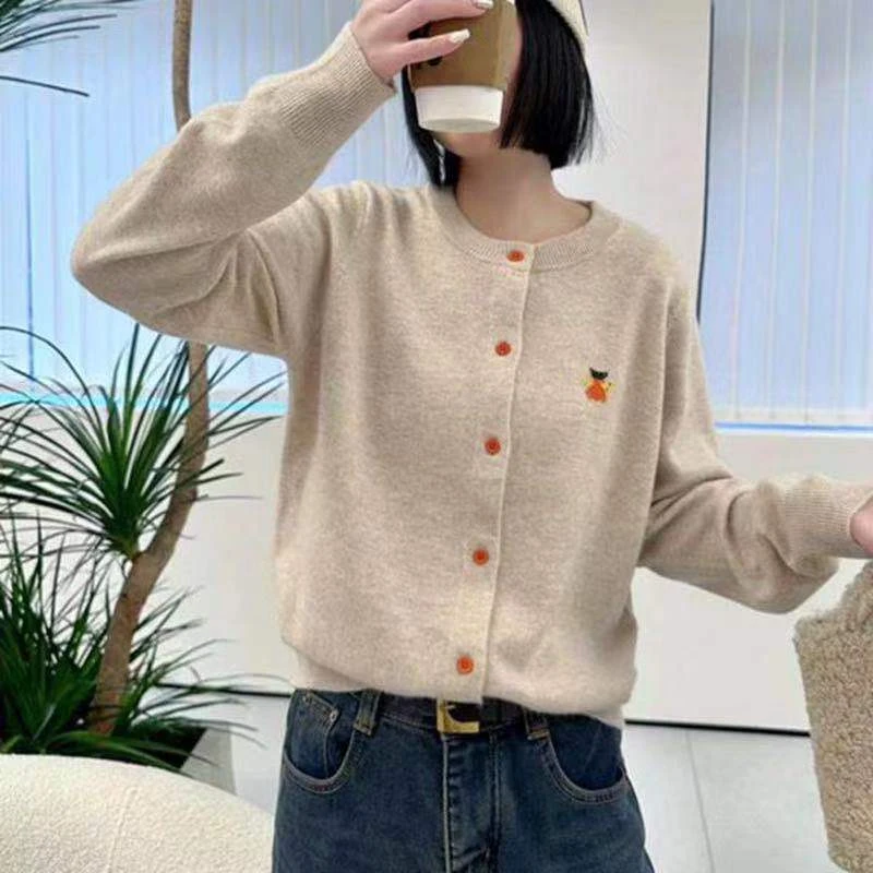 花花/3405-气质开衫纯色浣熊百搭宽松长袖针织衫