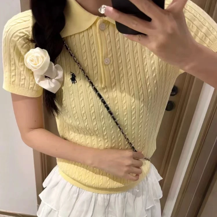 花花/3696-POLO领麻花气质新款针织休闲针织T恤