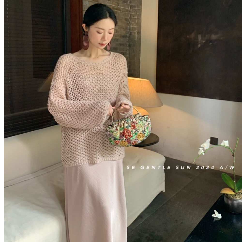 气质优雅秋冬韩版显瘦长袖镂空针织温柔显瘦吊带连衣裙