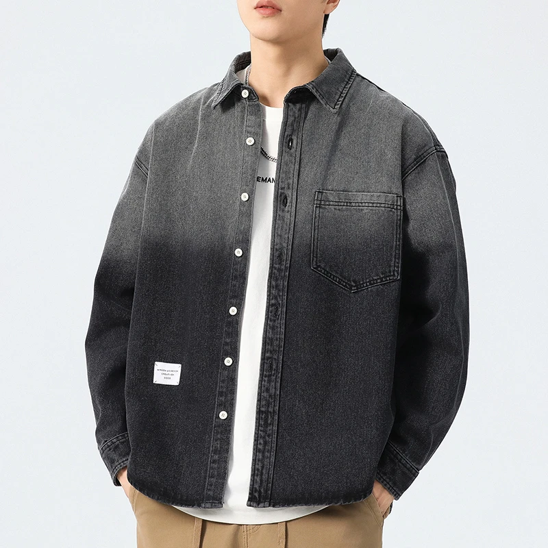 美式潮牌重工水洗渐变牛仔外套夹克男韩版工装衬衫百搭休闲外套男