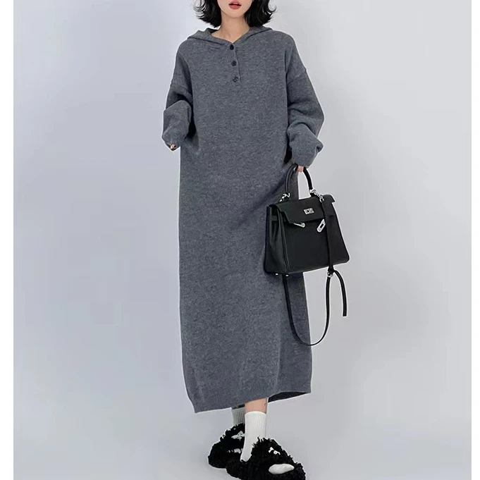灰色过膝针织连帽连衣裙女秋冬慵懒风宽松休闲显瘦毛衣裙子