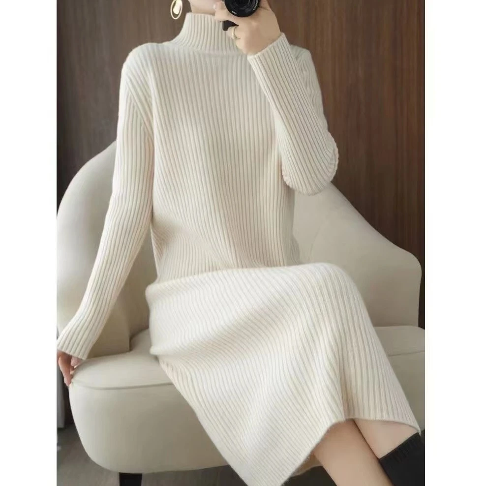 半高领中长款针织打底衫秋冬修身显瘦毛衣裙气质中长款打底裙