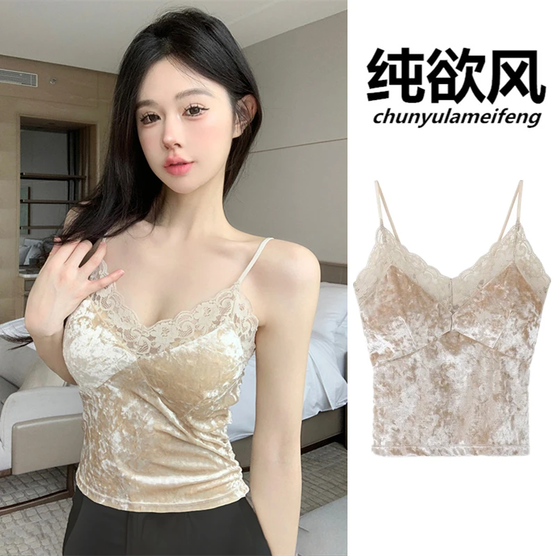 倩倩衣加衫蕾丝v领丝绒吊带背心女秋冬纯欲甜辣妹抹胸美背