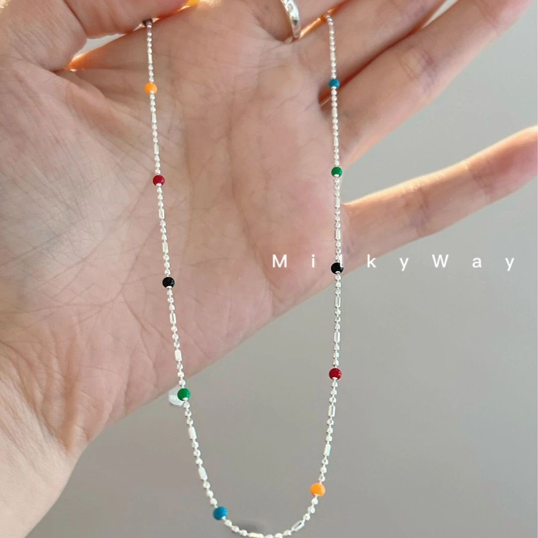 链子925银 彩虹豆豆项链时尚百搭复古小众简约彩色