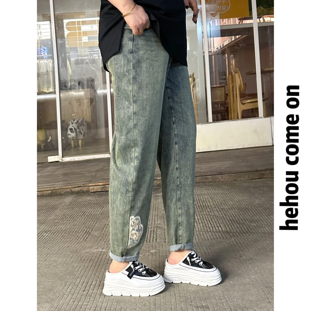 91635 和后大码 春夏刺绣潮流宽松水洗百搭时尚高级设计师牛仔裤