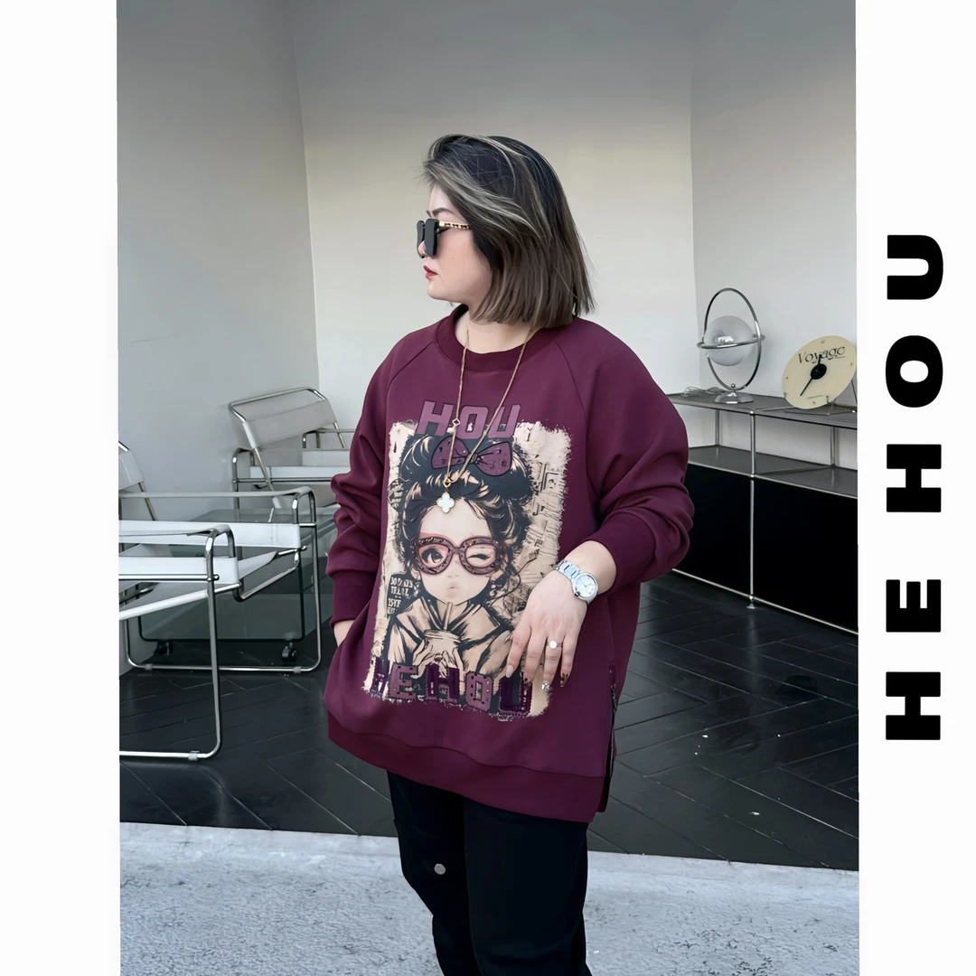 52165 和后大码 秋季潮流小女孩印花百搭宽松休闲重工长袖卫衣