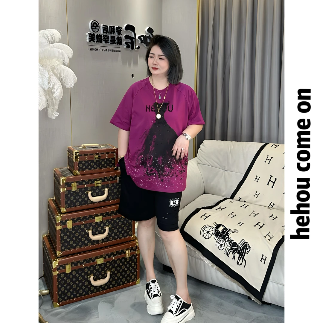 91671 和后大码 夏装时尚印花烫钻设计师网红潮流百搭显瘦圆领T恤