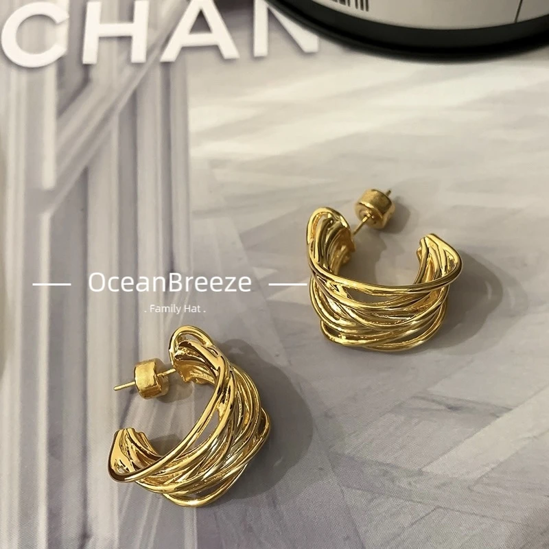 铜合金耳饰 O&Bs925银针高级感轻奢C形小众金属重工复古气质耳环