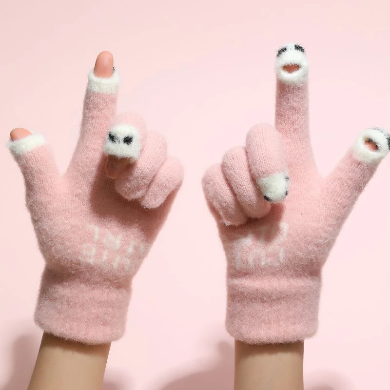 秋冬季豆豆鱼可爱女冬针织手套in可触屏保暖带孔分指毛线手套学生