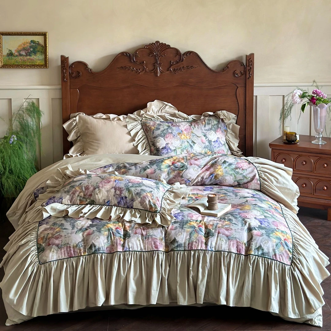 小冲冲【水彩玫瑰】法式浪漫复古印花重工荷叶边四件套床上用品