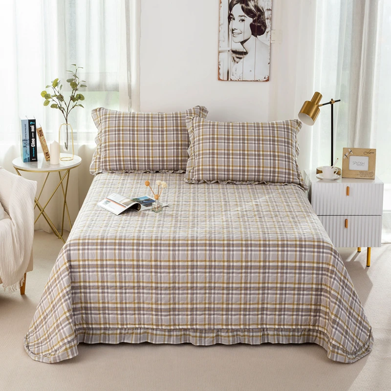 【丽姐专属】米格子床盖/纯棉砂洗夹棉床盖+枕套，三件套