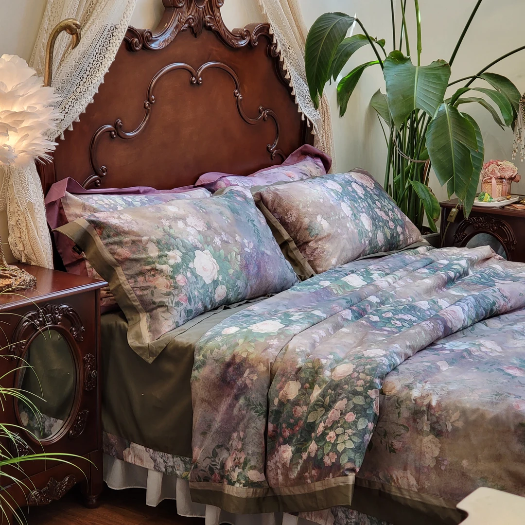 小冲冲【盛夏蔷薇】法式全棉油画风印花重工四件套床上用品