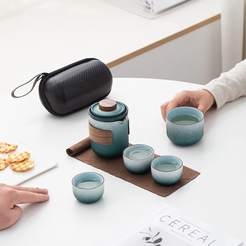 家用青石釉竖条纹快客杯一壶二杯四杯陶瓷旅行便携式茶具套装户外