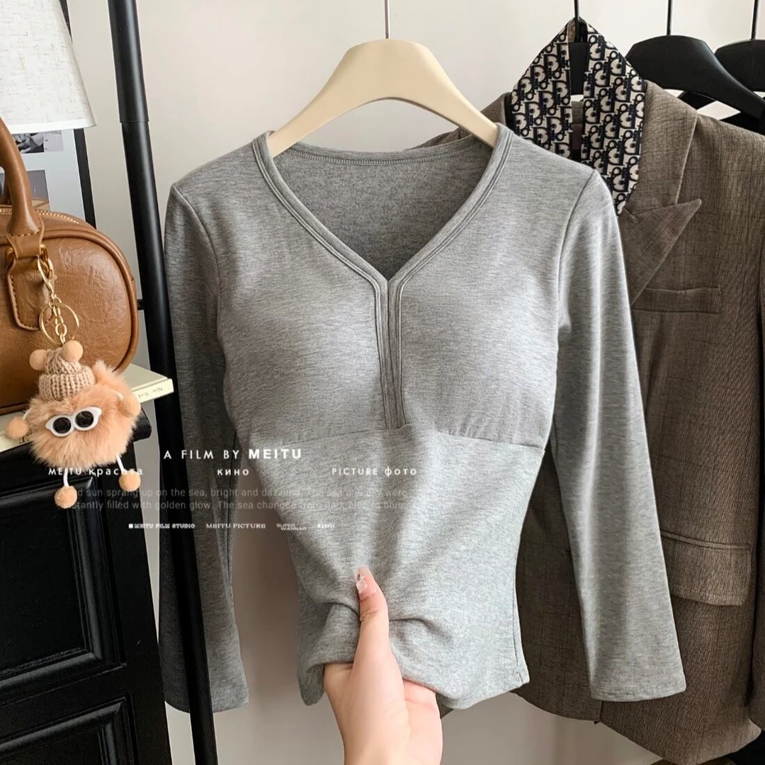 防寒内里磨毛亲肤保暖长袖女士自带胸垫一体式修身显瘦打底衫秋冬