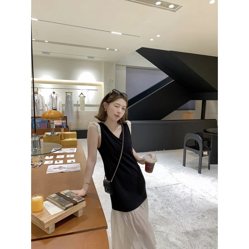 【现货】米米MI【初夏傍晚】黑白拼接蕾丝连衣裙欧根纱设计感纱裙