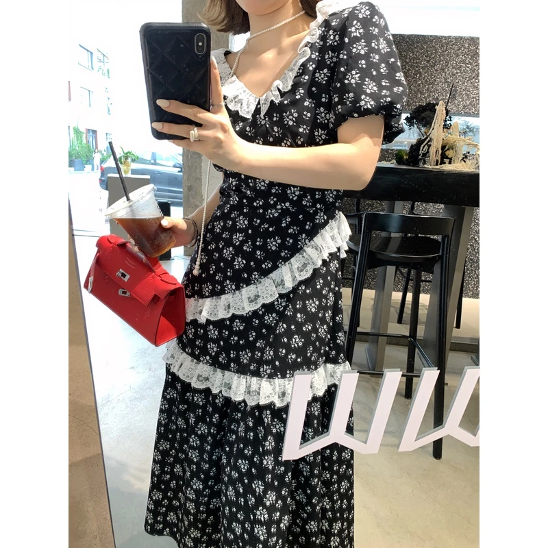 【现货】米米MI【德鲁纳小姐】设计感蕾丝边碎花连衣裙高腰显瘦长裙