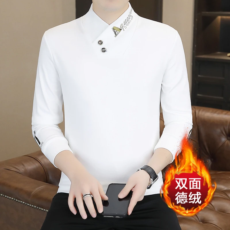 高品质男装2024秋冬德绒假两件半高领男士打底衫修身百搭保暖卫衣