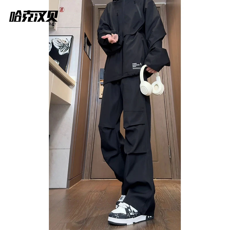 哈克汉贝压褶设计感直筒宽松美式工装裤男女高街潮流嘻哈冲锋裤子