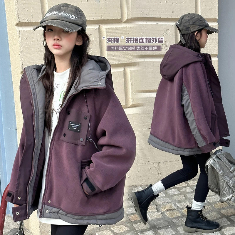 女童2024冬季新款假两件拼接连帽外套WS255
